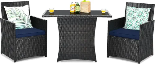 Miniatura 13 de Tangkula Patiojoy - Juego de comedor de 3 piezas de ratán PE que ahorra espacio, con mesa superior de vidrio templado y sillas acolchadas, juego