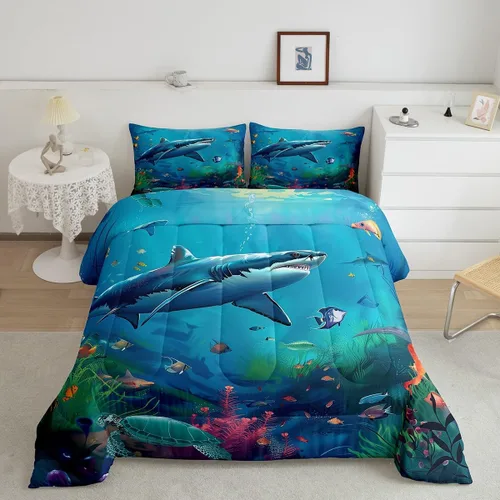 Miniatura 38 de Erosebridal Blue Ocean - Juego de edredón tamaño individual Juego de ropa de cama de ballena delfín y tortuga marina para niños y niñas, juego