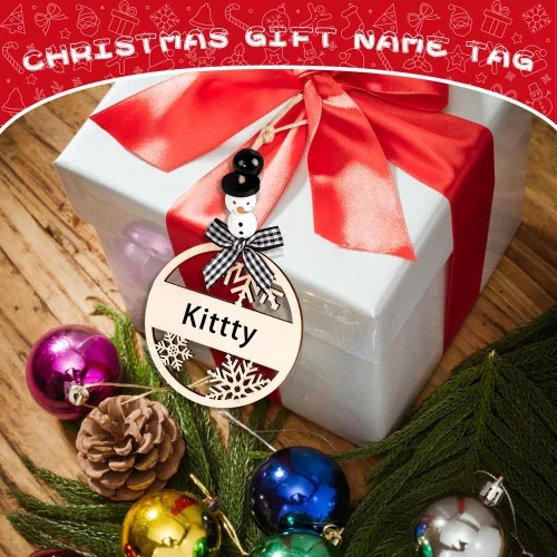 Miniatura 7 de Vellibring 18 piezas etiquetas de nombre de Navidad con cuentas de madera de copo de nieve y muñeco de nieve, lazos a cuadros de búfalo etiquetas