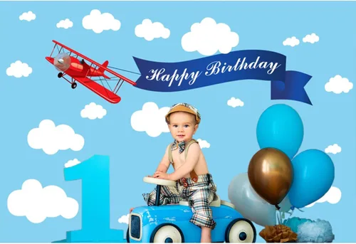 Miniatura 4 de Telón de fondo de 5 x 3 pies con diseño de avión rojo, diseño de dibujos animados, cielo azul, nubes blancas, feliz cumpleaños, fotografía, fondo