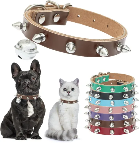 Miniatura 11 de BINGPET Collar de piel con clavos para gatos con campanas, collar de perro tachonado con hebilla, collares góticos suaves para gatitos con púas