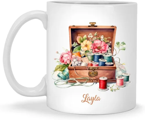 Miniatura 16 de Taza de café personalizada de pila de tela e hilos, Taza de máquina de coser, Taza de cerámica con nombre personalizado Regalos para amantes