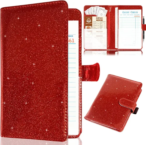 Miniatura 8 de Libreta para camarera, organizador de cuero con bolsillo con cremallera, cartera de dinero para camarera brillante y soporte para bolígrafos, Oro