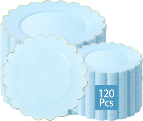 LIYH - 120 platos de plástico azul bebé con borde dorado, platos desechables de plástico azul claro, incluye 60 platos llanos de 10.25 pulgadas y 60