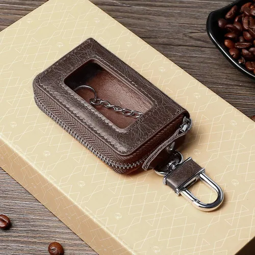 Miniatura 7 de BAKUN Mini funda de cuero premium para llaves de coche, llavero inteligente para coche, cartera con cremallera para llavero remoto