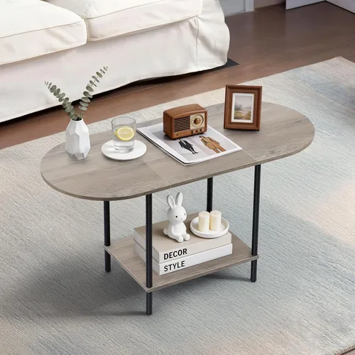 Miniatura 9 de Mesa de centro blanca para sala de estar, mesa central ovalada de mediados de siglo con estante de almacenamiento y superficie de madera, mesa de té