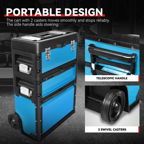 Miniatura 6 de Auto Dynasty Caja de herramientas apilable de 3 niveles, caja de herramientas rodante 3 en 1 de 19.5 pulgadas con ruedas, organizador de caja