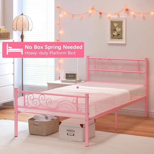 Miniatura 5 de Weehom Marco de cama individual, plataforma de metal, listones de acero resistente, almacenamiento debajo de la cama para niños, color rosa