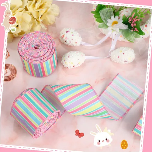 Miniatura 5 de Dingion 2 rollos de 20 yardas de cinta con alambre de resorte pastel con alambre de rayas con borde de cinta horizontal, lienzo de primavera