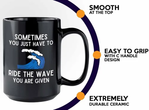 Miniatura 4 de Taza de café de surf de 15 onzas, color negro, paseo la ola, regalos para entusiastas del surf, deportes acuáticos, tabla de surf, atletismo
