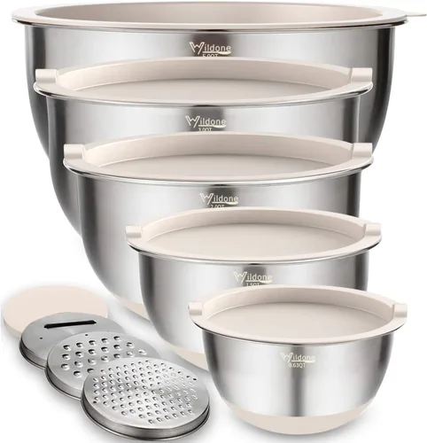 Wildone Juego de 5 cuencos anidables para mezclar con tapas herméticas, 5 piezas de cuencos de acero inoxidable color caqui para cocina, con