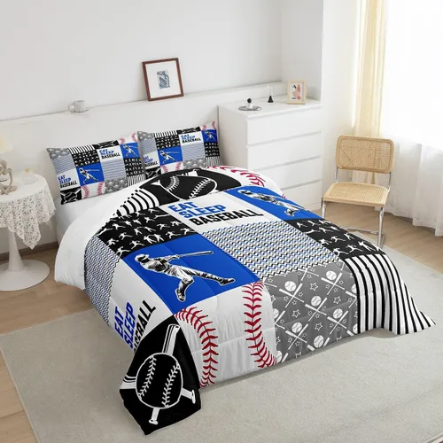 Miniatura 4 de Erosebridal - Juego de edredón con temática de béisbol para niños, juego de ropa de cama con diseño de béisbol, edredón deportivo con estampado