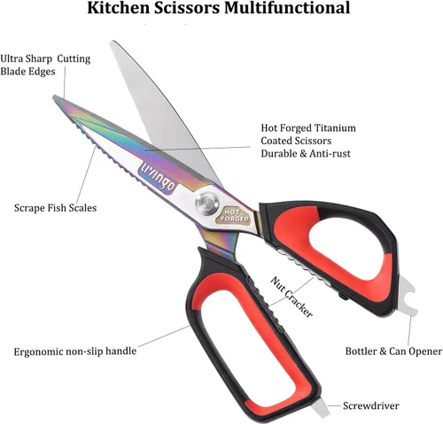 Miniatura 5 de LIVINGO Tijeras de cocina resistentes, con revestimiento de titanio, forjadas en caliente, afiladas, multiusos, de acero inoxidable, para el hogar