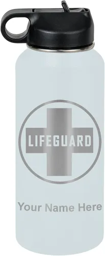 Miniatura 13 de LaserGram Botella de agua personalizada, salvavidas, acero inoxidable de doble pared aislada al vacío con popote superior, regalo grabado Negro