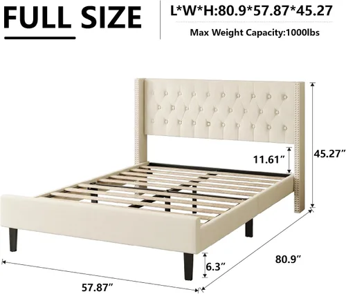 Miniatura 2 de HAOARA Base de cama de tamaño matrimonial, plataforma tapizada con cabecera con respaldo de ala, botón de terciopelo, fácil montaje, no necesita