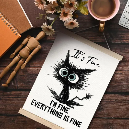 Miniatura 3 de Póster artístico de pared con texto en inglés "I I'm Fine Everything is Fine" con diseño de gatos negros con texto en inglés "I Fine Everything is