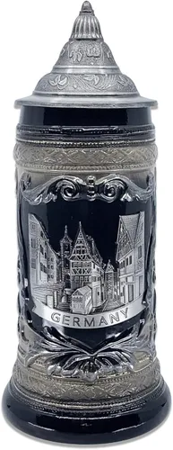 Miniatura 9 de Essence of Europe Gifts OktoberfestHaus - Jarra de cerveza alemana de Rothenburg con emblema de metal en una jarra de cerámica con tapa de 0,6