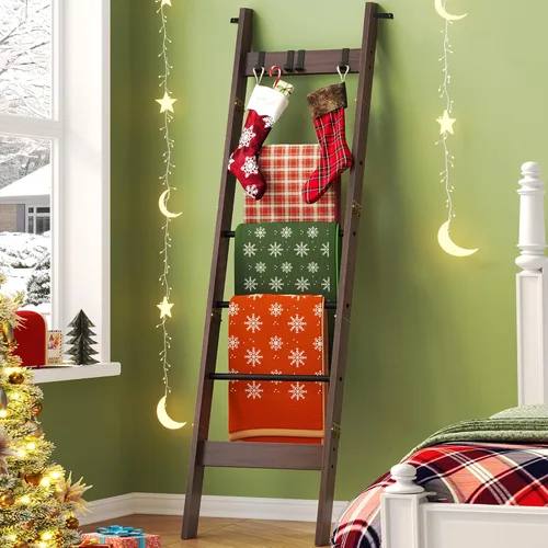 Miniatura 18 de Hzuaneri Escalera para manta para sala de estar, estante decorativo para edredón con 4 ganchos extraíbles, 5 niveles de soporte de escalera de Blanco