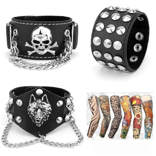 YARIEW 3 piezas de pulsera con tachuelas con remaches, punk, pulsera de cuero, para motociclista, rockero de los años 80, disfraces para hombres y