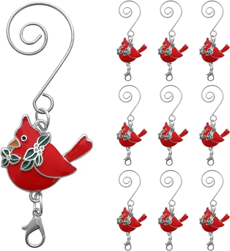 Miniatura 7 de Cardinals - Ganchos para adornos con gancho en S y pinza de langosta – Juego de 10 – Cardenales con hojas de acebo – Accesorios de Navidad