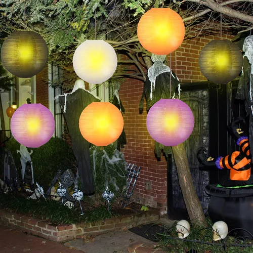 Miniatura 2 de VIHOSE 16 linternas de papel colgantes de Halloween, linternas de papel redondas, decorativas, naranja, morado, negro, blanco, para Halloween