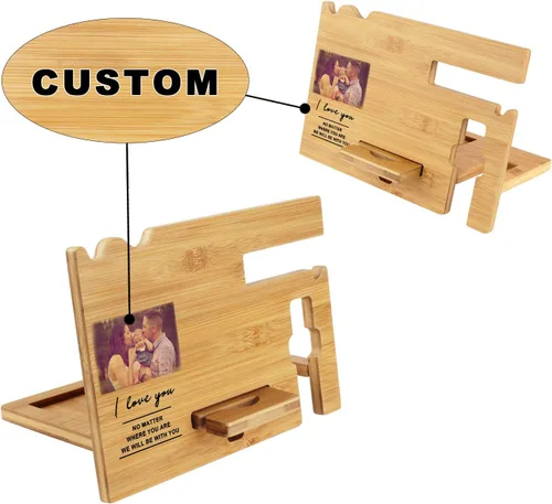 Miniatura 3 de Regalos para hombres – Estación de acoplamiento de madera personalizada – Organizador de mesita de noche grabado con soporte para teléfono, soporte