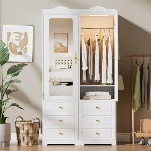 Miniatura 8 de Armario de Clóset, Armarios de Dormitorio Blancos con Puerta de Espejo y 6 Cajones, Armario de Almacenamiento de Ropa de 15.7" de Ancho/69.5