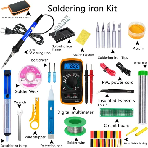 Miniatura 2 de Kit de soldador, temperatura ajustable de 60 W, multímetro digital, 5 puntas de soldadura, alambre, soporte, bomba de desoldadura, mecha de Azul