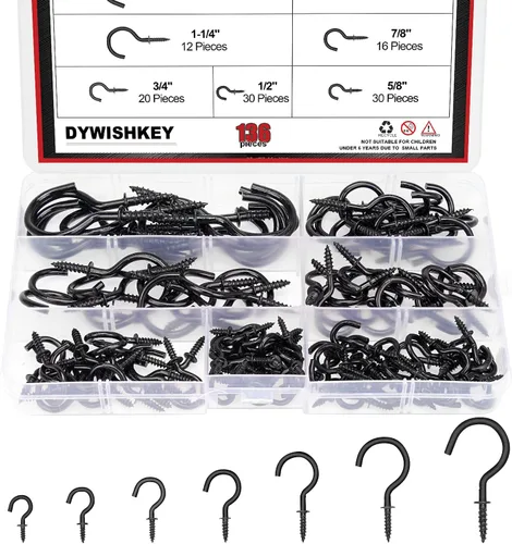 DYWISHKEY Kit de 136 ganchos de rosca de 7 tamaños, ganchos chapados en zinc negro para el hogar, la oficina y el lugar de trabajo (1/2 pulgadas,