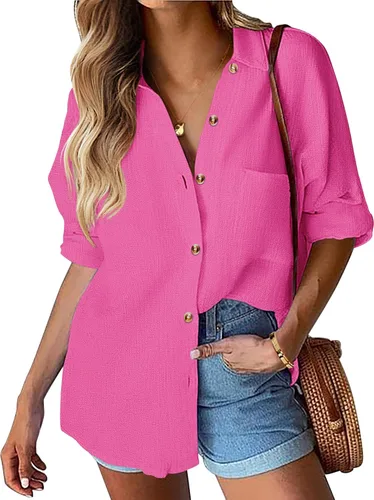 Miniatura 13 de HOTOUCH Camisa de manga larga con botones de lino para mujer, blusa de algodón casual, holgada, con cuello, para trabajo, de gasa, con bolsillo