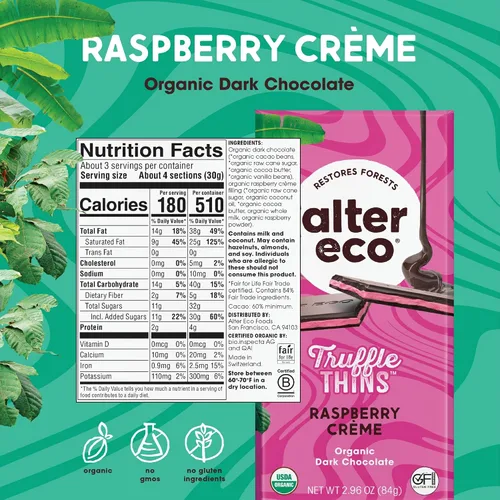Miniatura 2 de Alter Eco Trufa fina de crema de frambuesa, barra de chocolate con relleno de trufa ganache pegajosa, orgánica, sin gluten ni soja, aperitivos sin