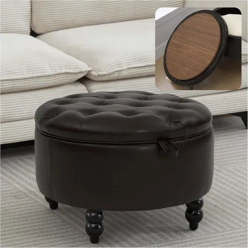 Otomana de almacenamiento redonda de cuero PU de 30 pulgadas con bandeja, mesa de centro moderna tapizada con capitoné con almacenamiento, otomana