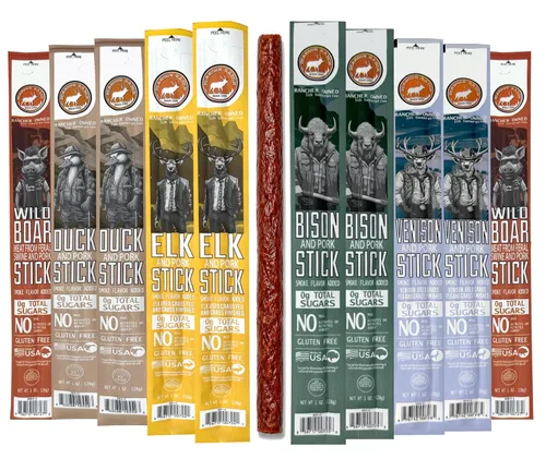 PEARSON RANCH Juego de palitos de carne de juego, paquete variado de 10 – alce, bisonte, venado, jabalí, pato, palitos exóticos de cecina, sin
