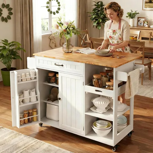 Miniatura 10 de Gizoon Isla de cocina con almacenamiento, Isla de cocina con hoja caída, carrito de comedor rodante de 41.7 pulgadas de ancho, encimera plegable, 5