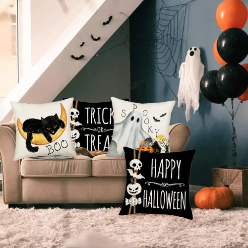 Miniatura 2 de Fukeen Juego de 4 fundas de almohada de 16 x 16 pulgadas con texto en inglés «Happy Halloween», «Truco o trato», fantasma, fantasma, horror