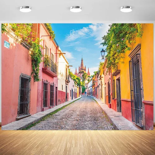 Telón de fondo colorido de la calle de la ciudad de México, 5 x 3 pies, fondo de fotografía de casa, escenario de callejón, fiesta mexicana,