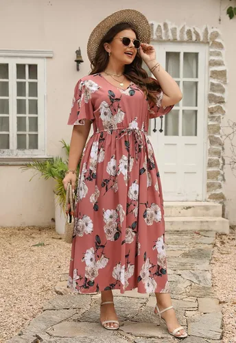 Miniatura 5 de Nemidor NEM420 - Vestido largo acampanado para mujer, talla grande, estampado floral, estilo bohemio, con bolsillo