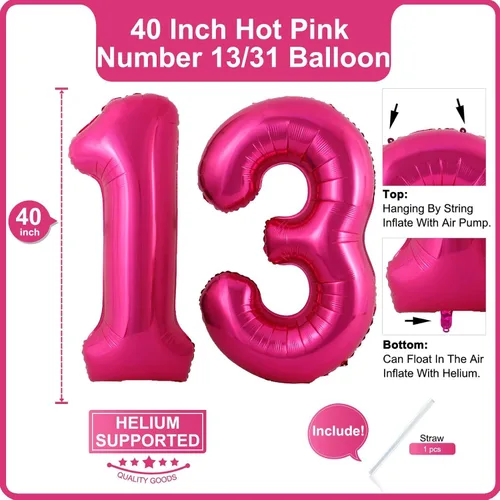 Miniatura 2 de Lovoir Globo de 40 pulgadas color rosa intenso con el número 31 de 13 dígitos gigantes de papel de aluminio Mylar para helio rosa intenso