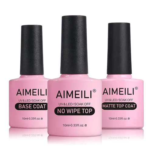 AIMEILI Soak Off U V LED Hema Free Cruelty Free Vegan Gel Nail Polish – Capa base, capa superior mate y capa superior no limpia, juego de 0.3 fl oz