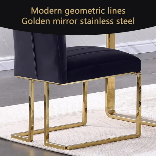 Miniatura 5 de AUZ Juego de 6 sillas de comedor negras y doradas, sillas tapizadas de terciopelo negro con patas de trineo de acero inoxidable pulido, sillas