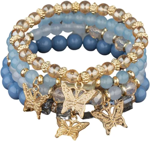 Fuqimanman2020 Juego de 4 pulseras elásticas apilables con cuentas de oro con dije de mariposa de cristal y coloridas pulseras elásticas