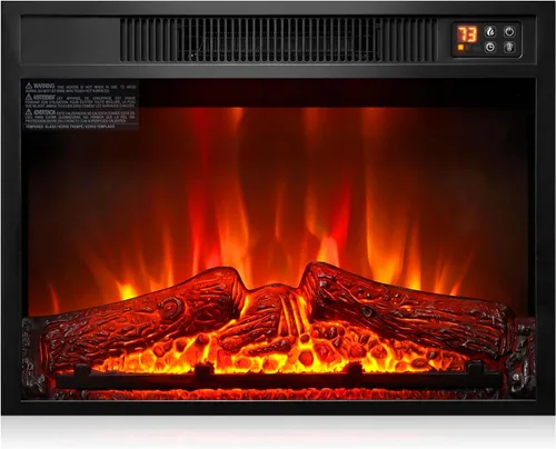 Chimenea eléctrica de 23 pulgadas, calentador eléctrico de inserción de chimenea negra infrarroja 3D, con control remoto IR, vista de vidrio,
