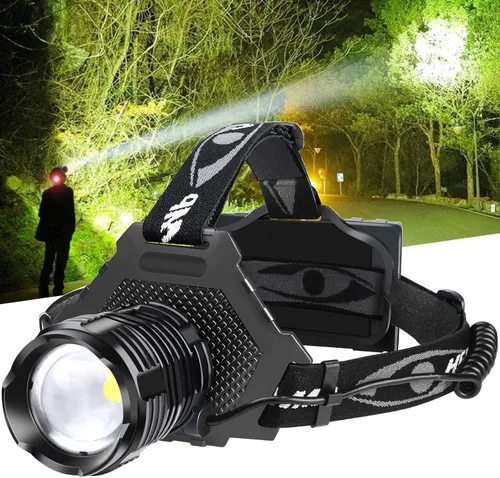 Linterna de cabeza LED recargable Bud K, linterna de cabeza superbrillante mejorada de 30W, 1000 lúmenes altos con 6 modos, zoom, linterna de cabeza