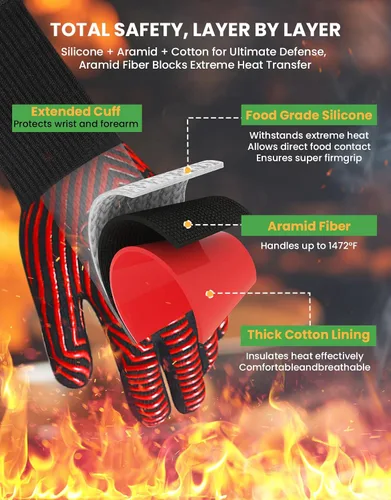 Miniatura 4 de GEEKHOM Guantes de horno ignífugos resistentes al calor: Certificado EN407 para 1472 °F, guantes de silicona flexibles de 13 pulgadas para hornear