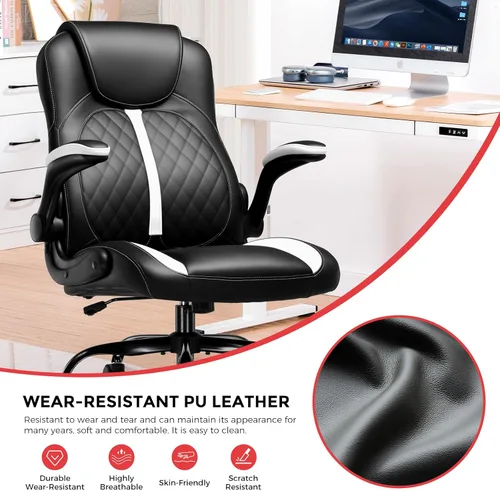 Miniatura 6 de COMHOMA Silla ergonómica para juegos de oficina para adultos, con soporte lumbar, brazos abatibles, altura ajustable, ruedas giratorias de piel