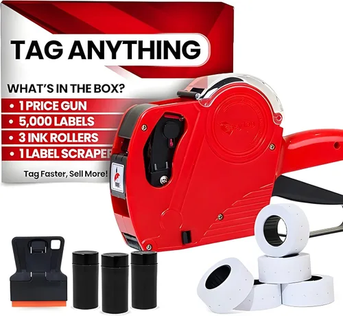 Easy Tag Lite Price Gun, pistola de precios 5500EOS de 8 dígitos con 5,000 calcomanías de etiqueta blanca, 3 rodillos de tinta, 1 raspador, pistolas