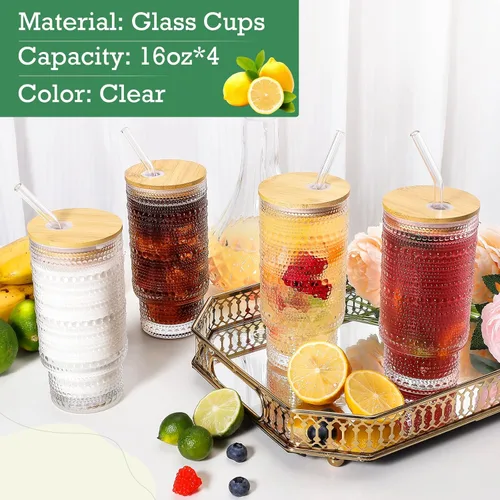 Miniatura 3 de CWHHRN Vasos de vidrio de 16 onzas con tapas y pajitas, cristalería vintage en relieve para whisky, cóctel, cerveza, taza de café helado con tapa