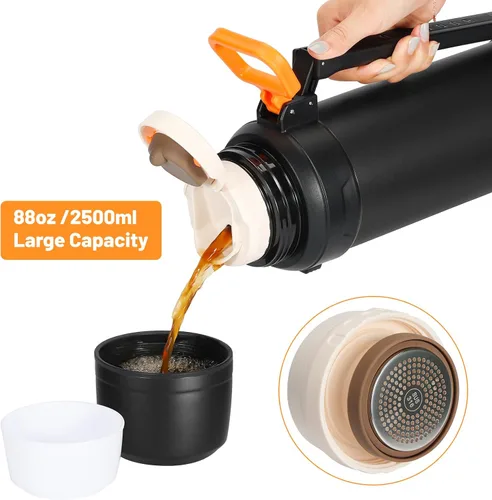 Miniatura 2 de 88oz Botella grande de termo para café para viajes, botella de agua de acero inoxidable aislada de 2500ml con taza y asa, jarra de agua para bebidas