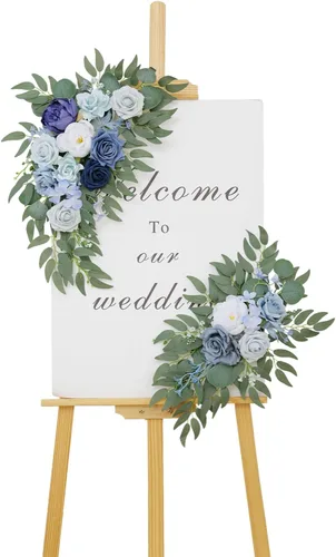 Miniatura 9 de Letreros florales de bienvenida de boda (paquete de 2), flores de arco de boda para decoración de boda y decoración de fondo de recepción (azul)