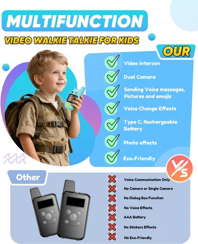 Miniatura 7 de Walkie Talkies de video para niños con doble cámara, paquete de 2 juguetes recargables para niños de 3 a 9 años, cumpleaños para niños de 3, 4, 5
